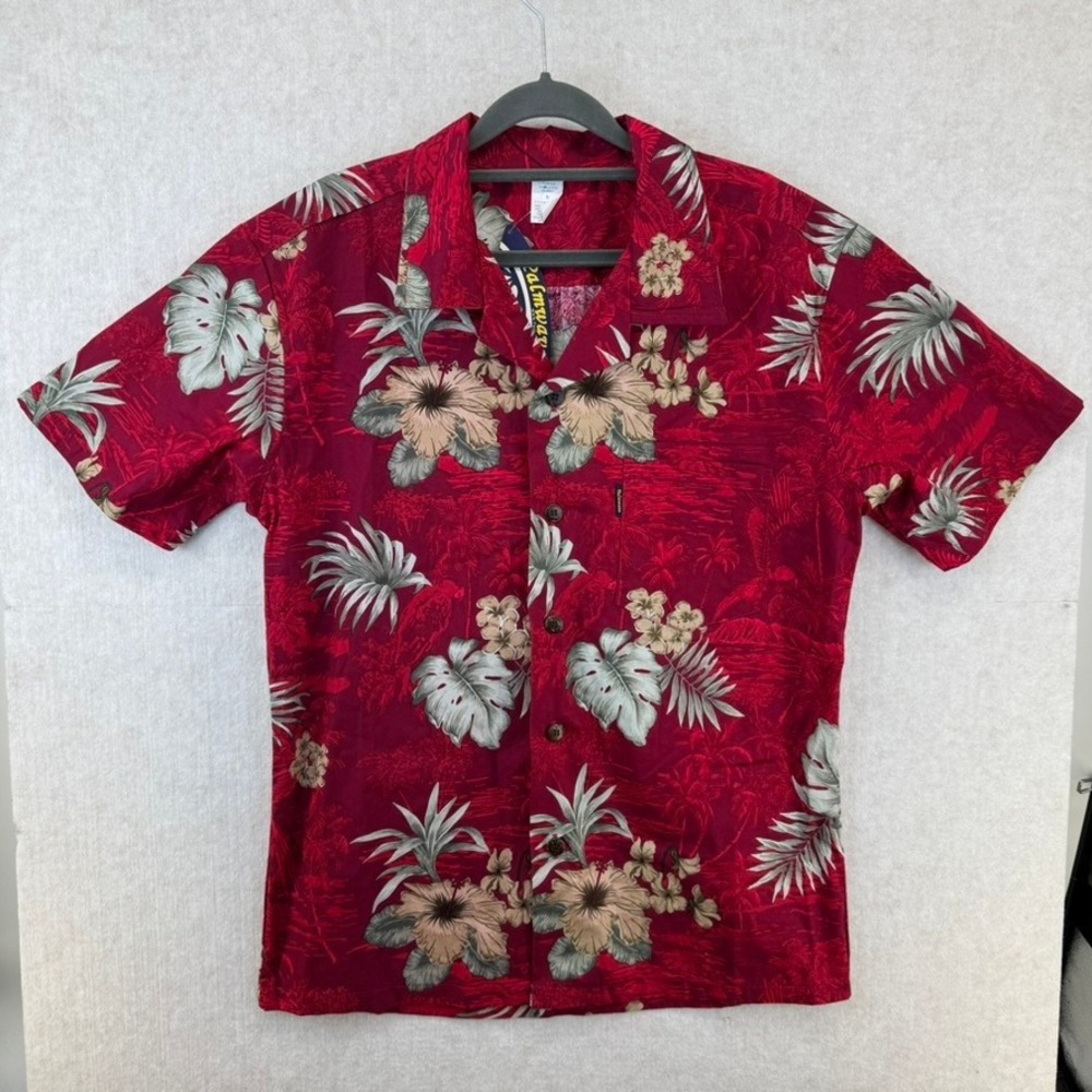 Palmwave Hawaii Aloha Mens Size Small Burgandy Floral 100% Cotton